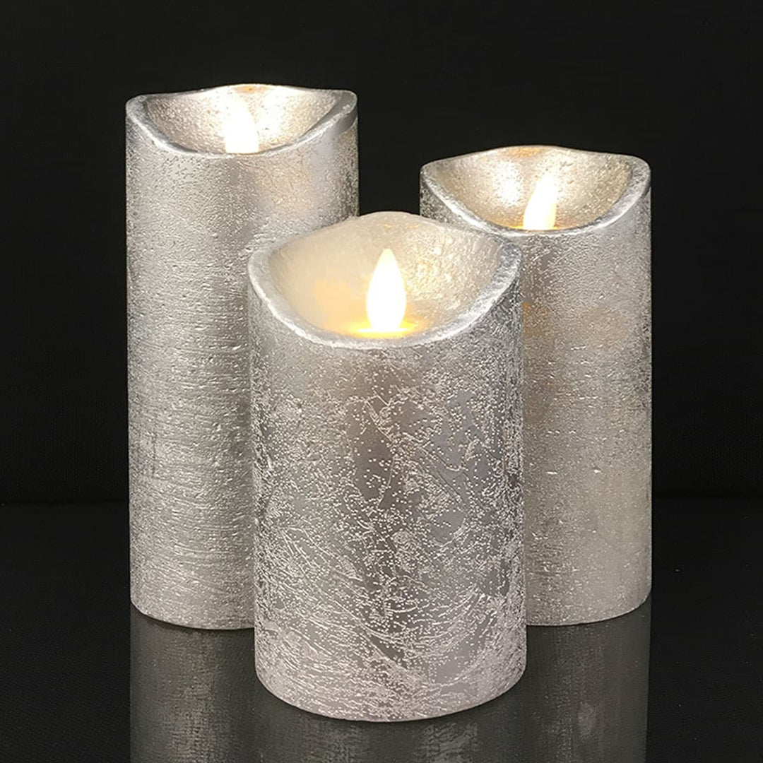 Elegant rustic LED block candles, 3-piece, perfect for flameless home decor and cozy indoor lighting.