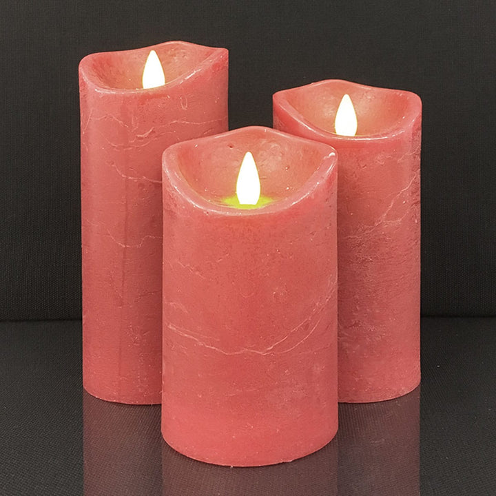 Red rustic LED block candles, 3-piece set, with realistic 3D flame, ideal for safe, festive decor.