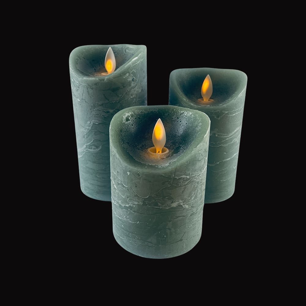 Gray rustic LED block candles, 3-piece set, with realistic 3D flame, perfect safe decor for modern homes.