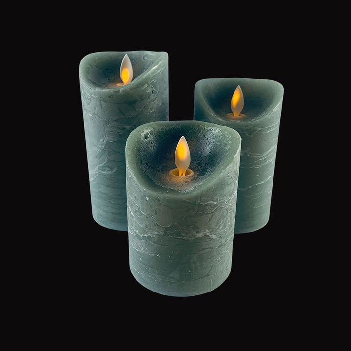 Gray rustic LED block candles, 3-piece set, with realistic 3D flame, perfect safe decor for modern homes.