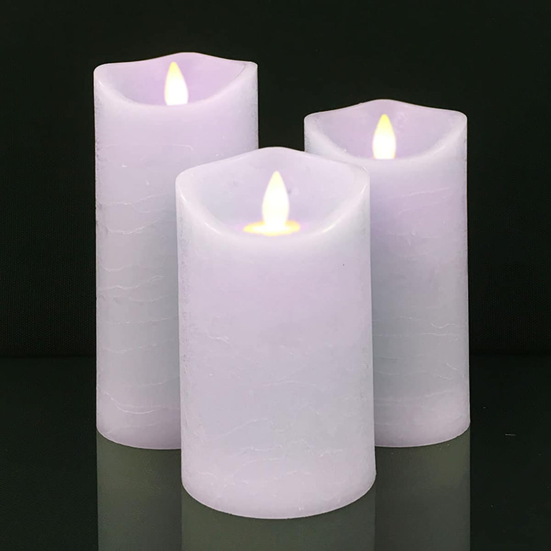 Realistic 3D flame LED block candle set, 3-piece, providing rustic decor and a safe, warm glow.