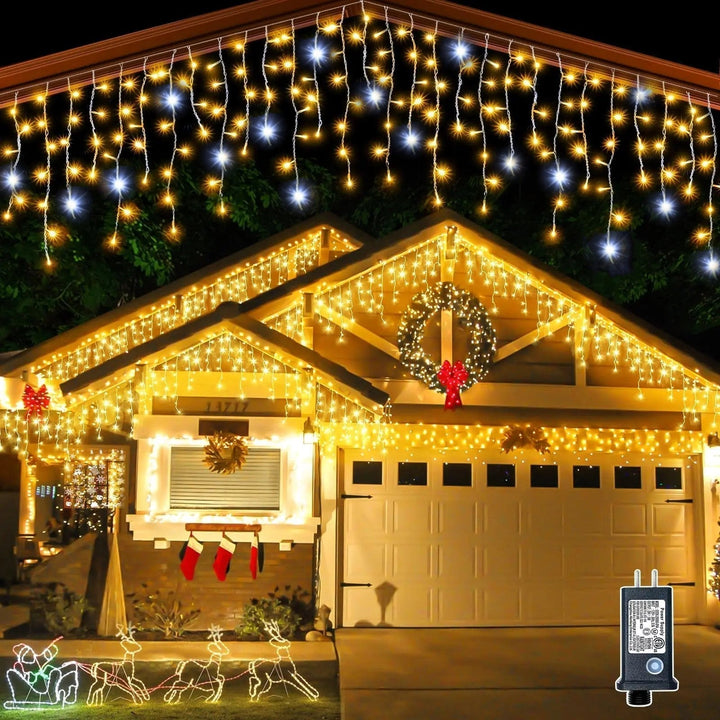 Warm White LED curtain lights, waterproof for outdoor & indoor events. Perfect party, wedding & holiday decor string lights.