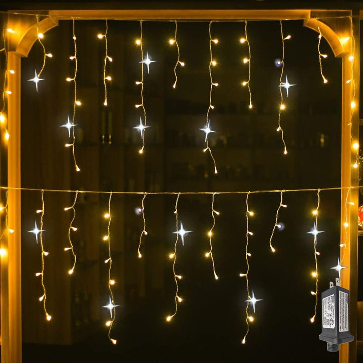 Waterproof warm white LED curtain lights, ideal for stunning outdoor event lighting, party backdrops, & indoor decor.
