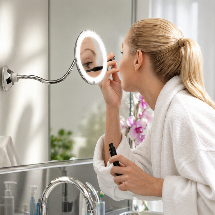 LED magnifying bathroom mirror with flexible arm for grooming