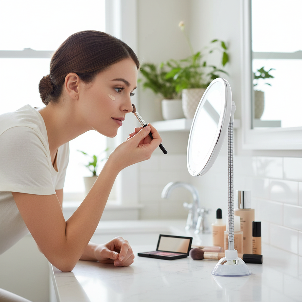 Close-up of LED magnifying makeup mirror with adjustable flexible arm