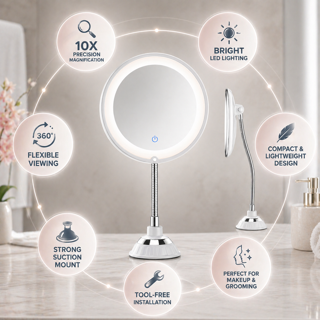 Bathroom mirror with bright LED lights and a flexible arm for shaving