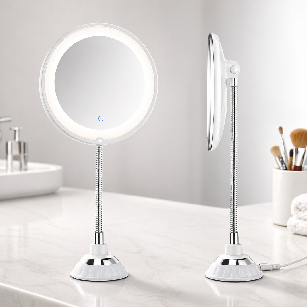 Flexible arm LED magnifying mirror, perfect for detailed beauty routines