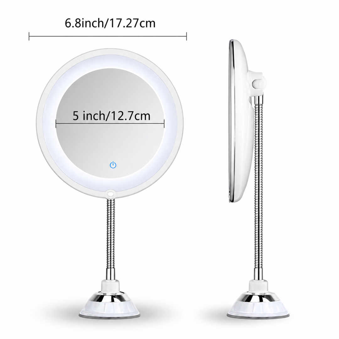 Wall-mounted LED magnifying bathroom mirror with a highly flexible gooseneck arm