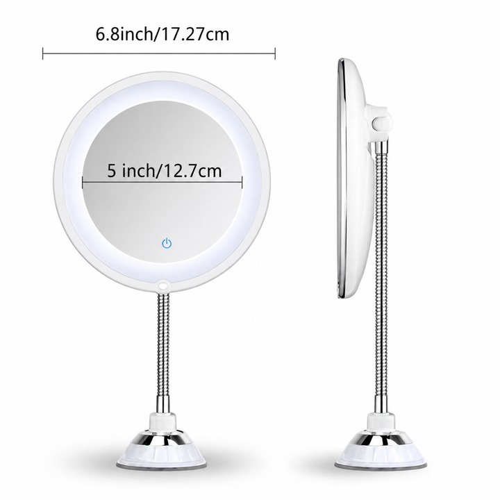 Wall-mounted LED magnifying bathroom mirror with a highly flexible gooseneck arm