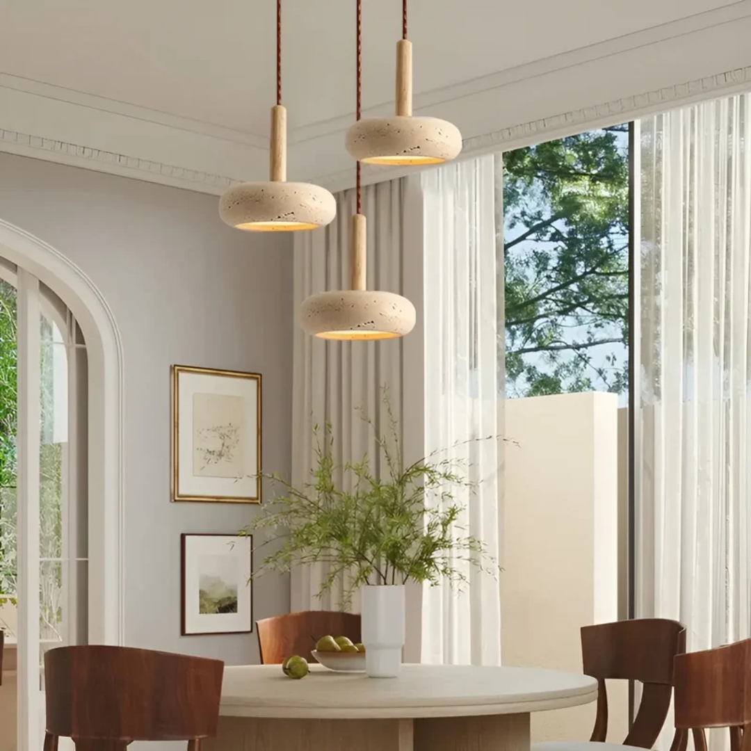 Minimalist Japanese style LED ceiling light. Elegant wood pendant lamp for tranquil home decor ambiance.