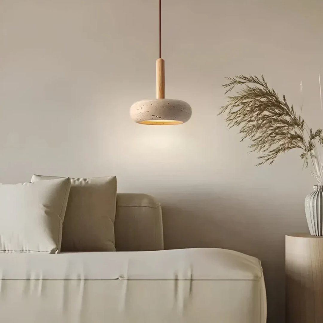 Sleek Japanese-inspired LED wood pendant lamp. Minimalist ceiling light fixture, perfect for modern homes.