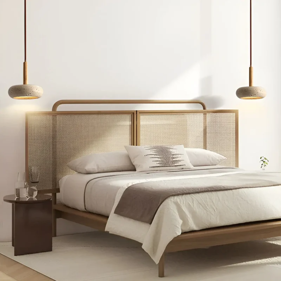 LED Japanese style wood pendant ceiling light. Minimalist design for tranquil and modern home decor lighting.