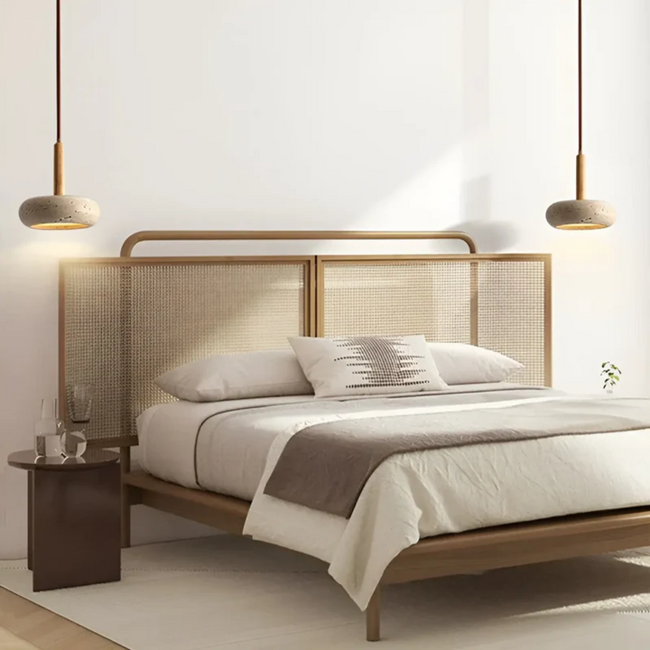 LED Japanese style wood pendant ceiling light. Minimalist design for tranquil and modern home decor lighting.