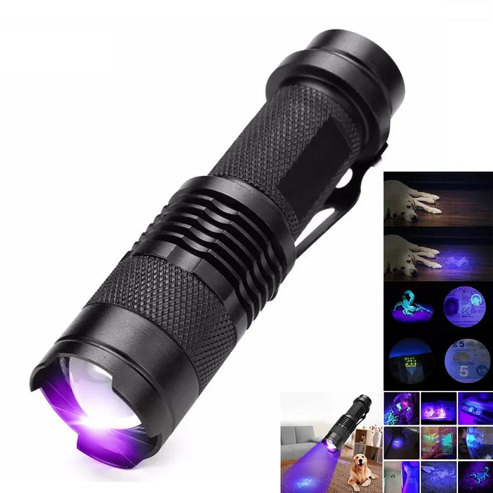 LED UV flashlight for detecting pet urine and hidden stains on carpets & floors.