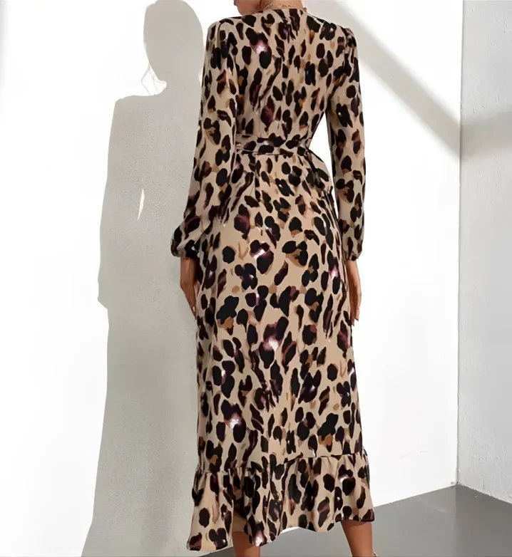 Stylish women's leopard print V-neck midi dress with long sleeves, A-line cut, ideal for any occasion.