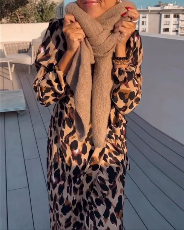 Women's versatile leopard print V-neck long sleeve midi dress, A-line silhouette, perfect for elegant or casual.
