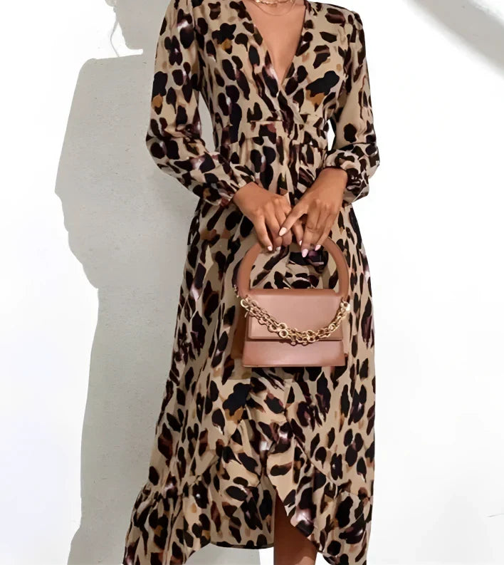 Fashion-forward women's leopard print V-neck midi dress, long sleeve, creating an elegant & stylish look.
