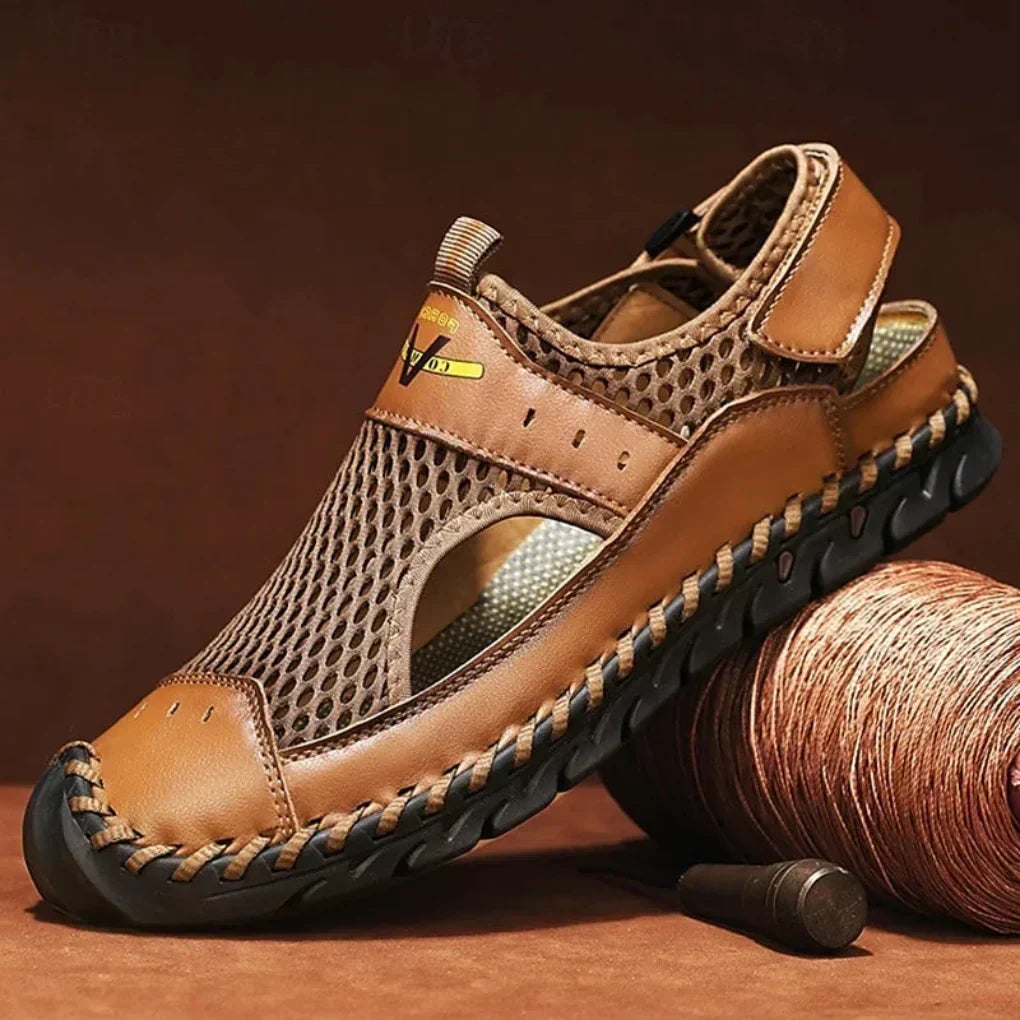 Men's orthopedic sports sandals with strong arch support, ideal for active wear & walking comfort. Adjustable closed-toe design.