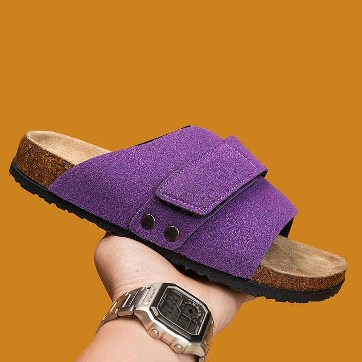 Close-up of Men's Wide Strap Slides, highlighting comfortable design & quality material.