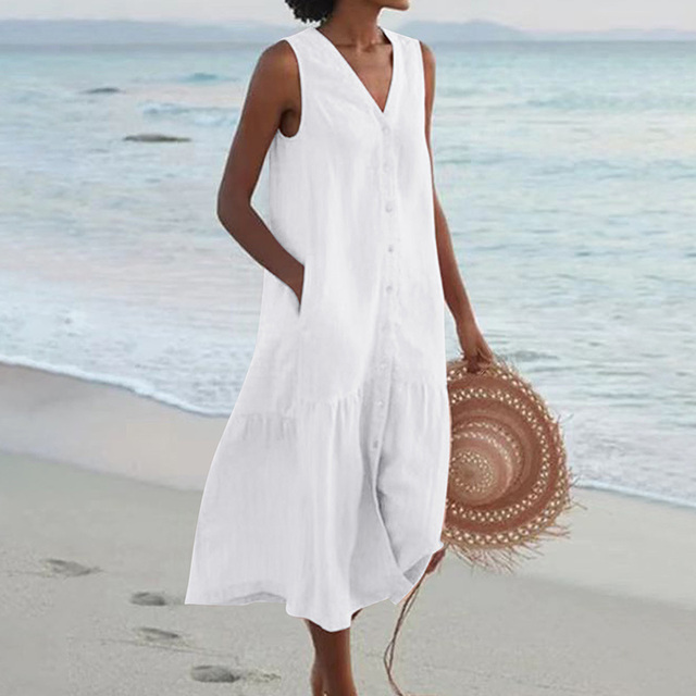 Versatile women's sleeveless midi dress, button-down style, perfect for casual summer outings or elegant warm-weather fashion.