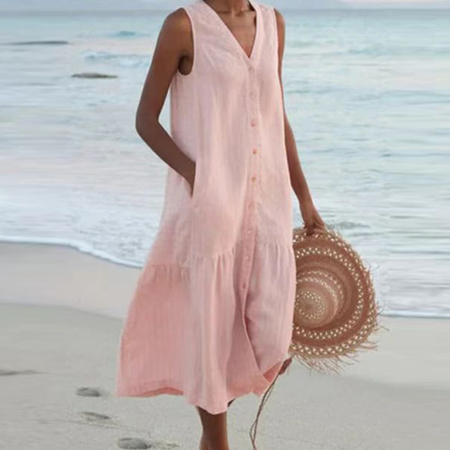 Comfortable V-neck sleeveless midi dress for women, button-down design, an effortless and elegant summer style.