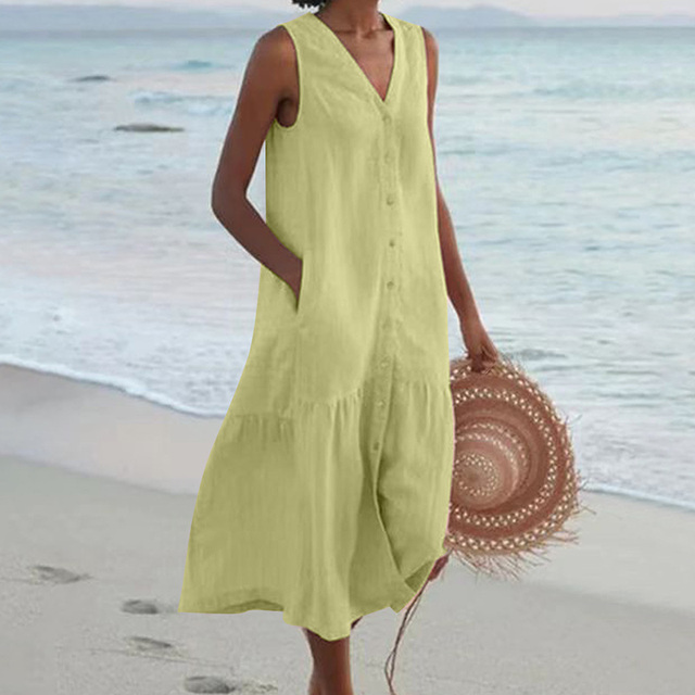 Modern classic women's sleeveless midi dress, button-down and V-neck, a fashionable and versatile choice for warm weather.