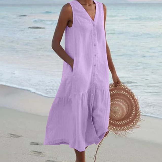 Flowy women's sleeveless V-neck midi dress with full button closure, perfect for elegant summer and casual wear.
