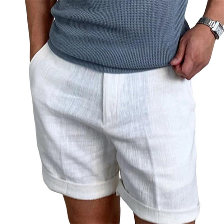 Men's polished linen rolled-cuff shorts, perfect for stylish summer casual wear.