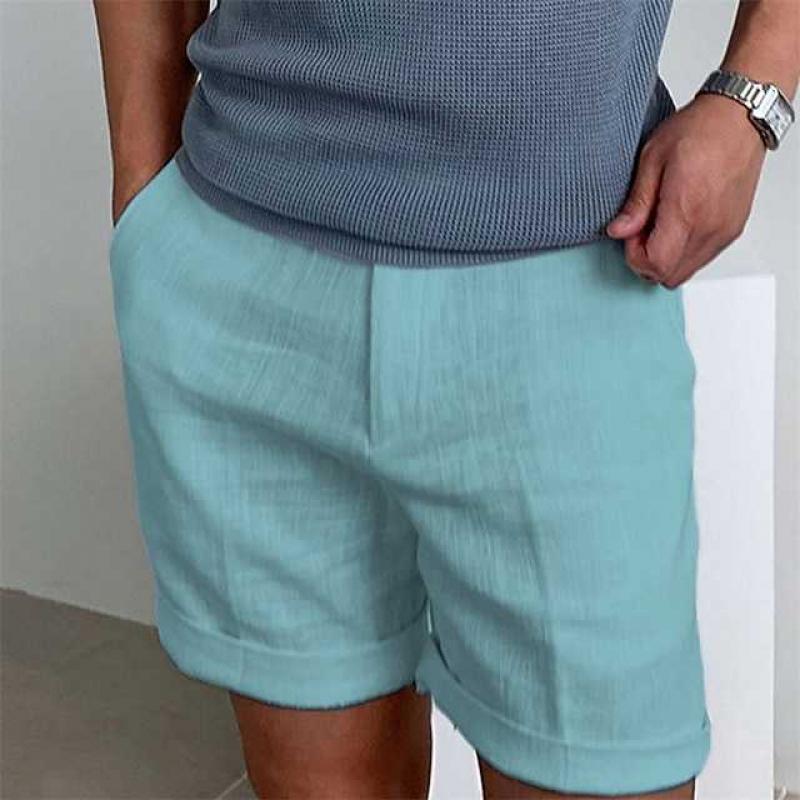 Trendy men's linen rolled-cuff shorts, a stylish and comfortable choice for summer.