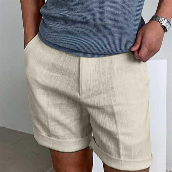 Men's casual linen shorts, rolled cuff design, ideal for versatile summer beachwear.