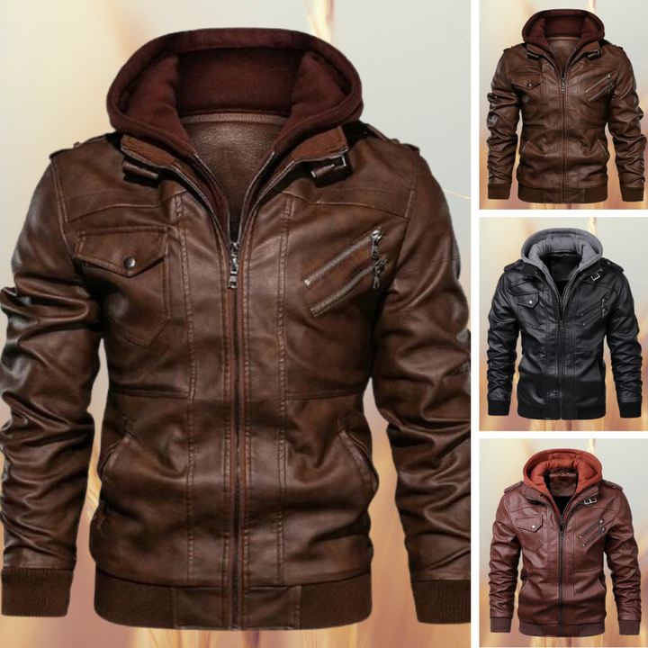 Men's refined black leather hooded biker jacket with tailored fit. Perfect stylish streetwear for cool weather.