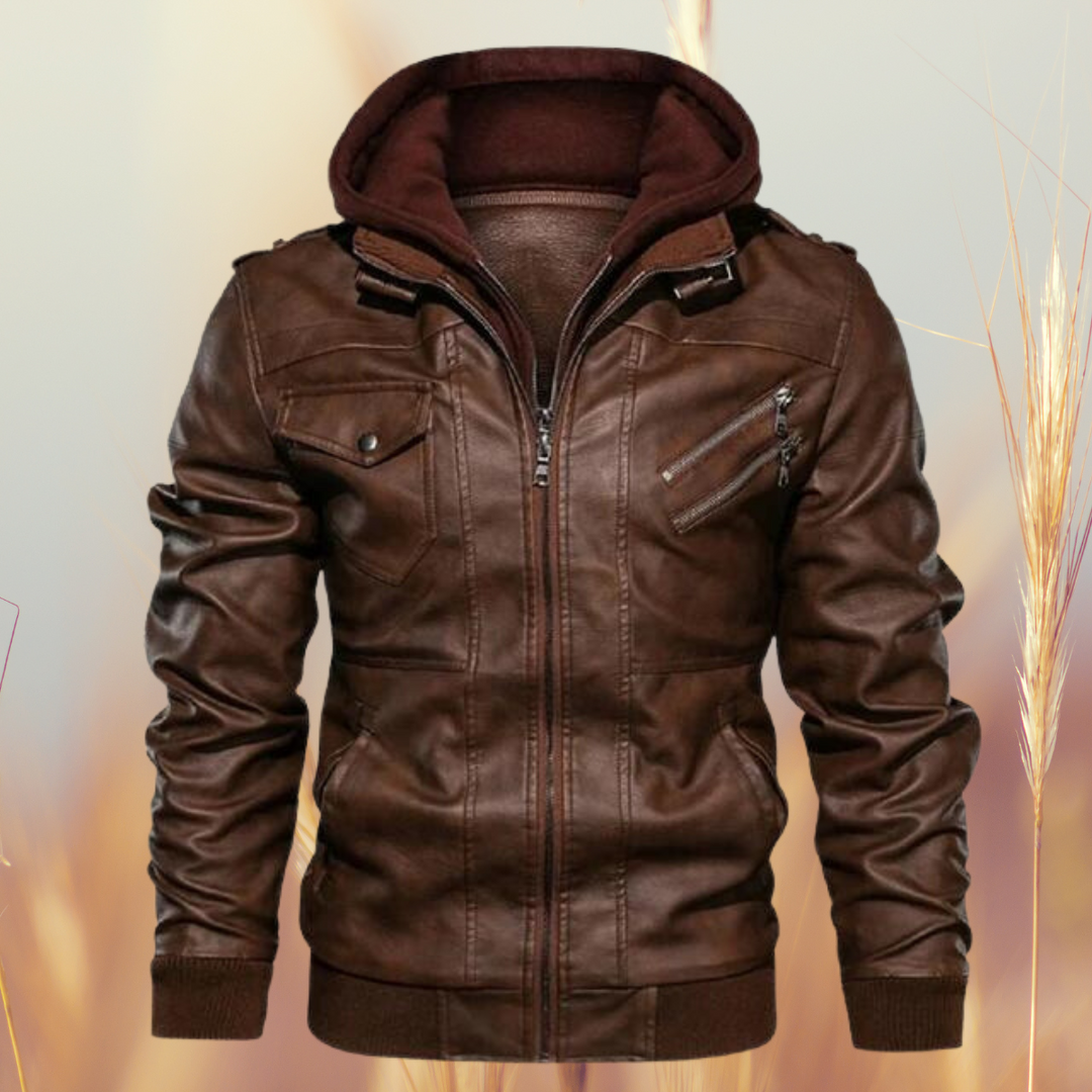 Stylish men's leather biker jacket with hood and stand collar. Versatile zip-up outerwear for modern casual wear.