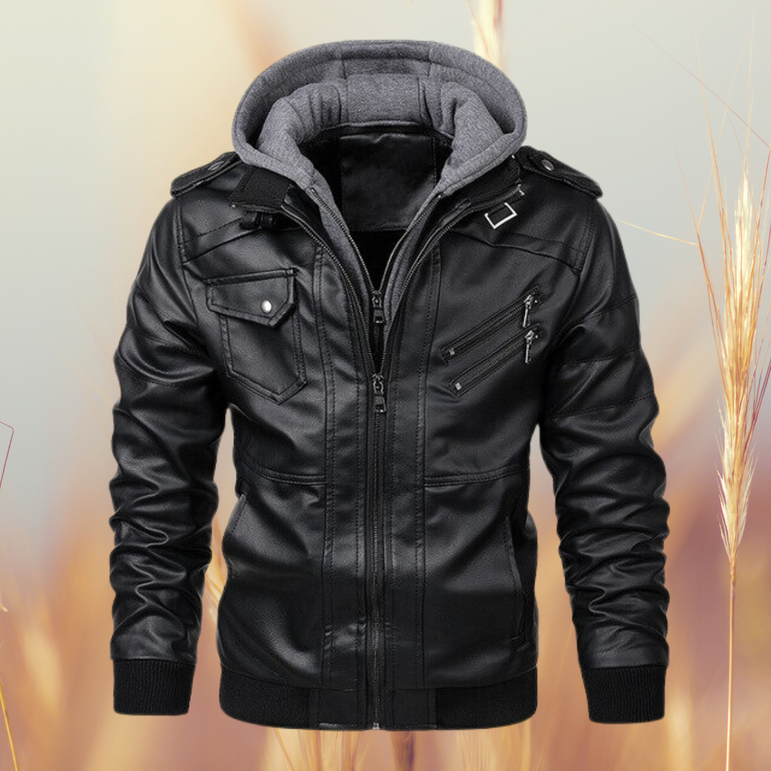Durable men's hooded leather biker jacket, tailored fit. Zip-front, stand collar for cool weather street style.