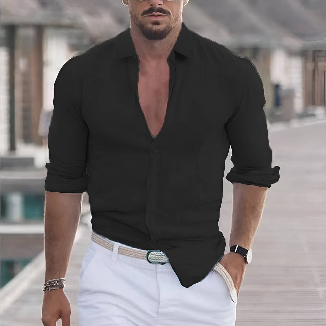 Regular fit men's button-up shirt with long sleeves and collar, great for comfortable men's fashion.