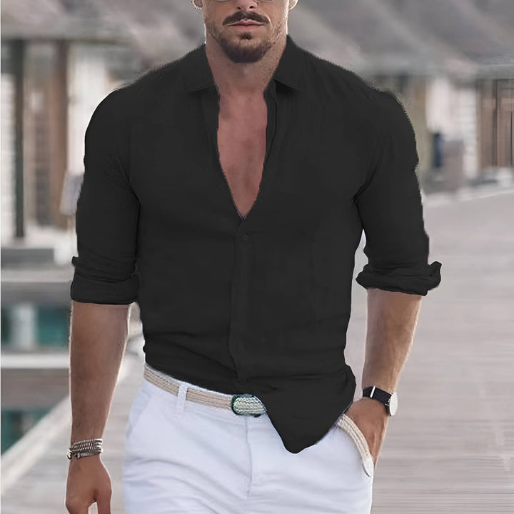 Regular fit men's button-up shirt with long sleeves and collar, great for comfortable men's fashion.