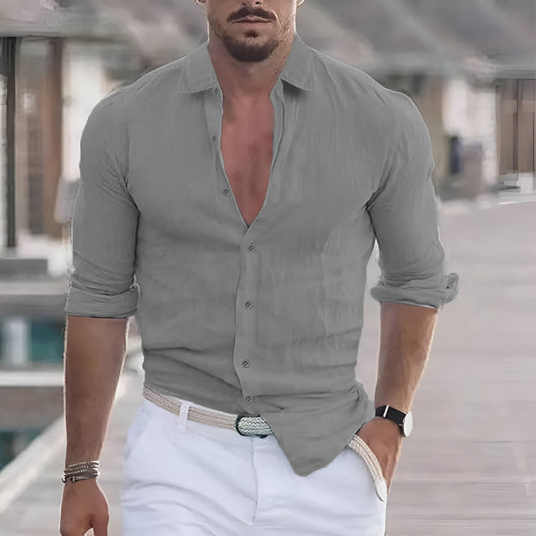 Comfortable men's long sleeve collared casual shirt, a stylish everyday button-up for men.