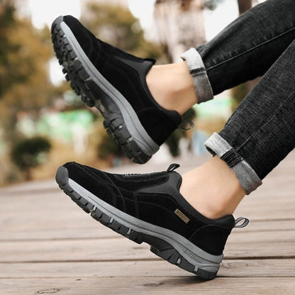 Men's orthopedic walking shoes, slip-on comfort with high traction sole, durable for outdoor adventures.