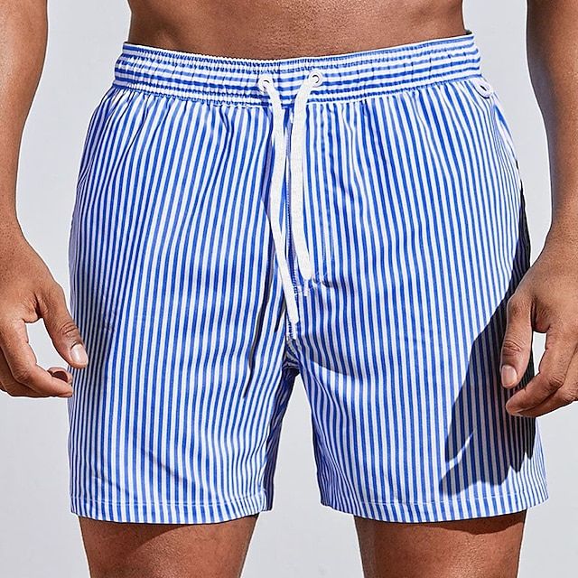 Men's graceful striped quick-dry swim shorts for summer beachwear. Comfortable and athletic swimwear, perfect for vacation.