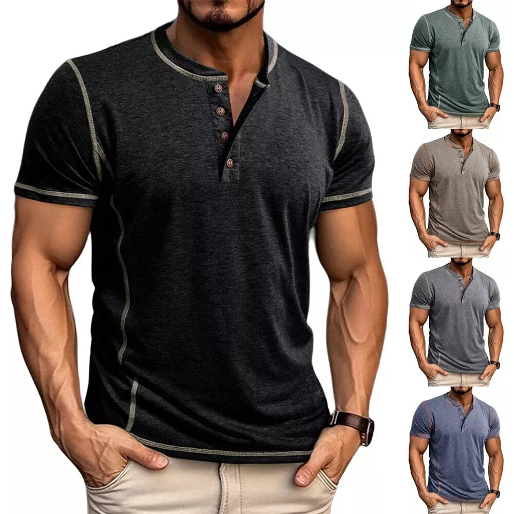 Men's relaxed fit short sleeve Henley t-shirt, perfect casual top for everyday summer wear.