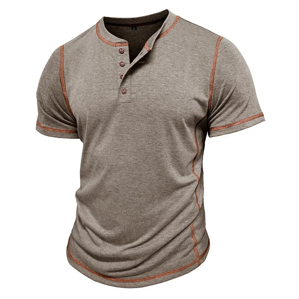 Stylish short sleeve men's Henley, relaxed fit for ultimate comfort in summer.