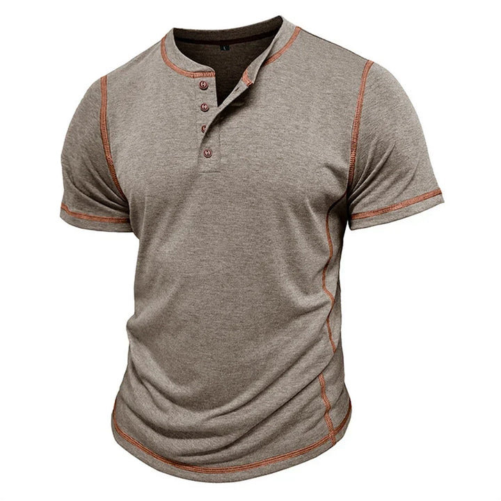 Stylish short sleeve men's Henley, relaxed fit for ultimate comfort in summer.