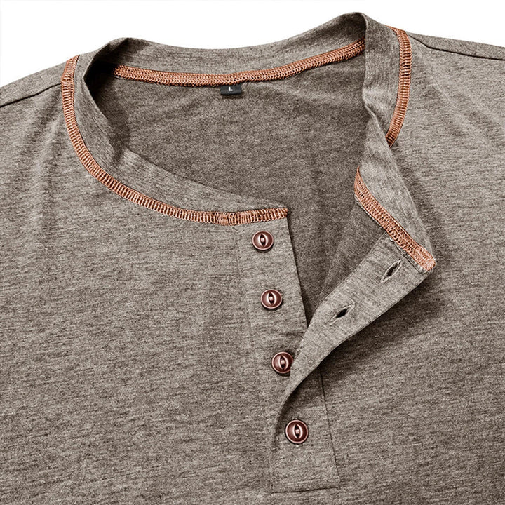 Comfortable men's Henley t-shirt with a relaxed fit, short sleeve for daily casual style.