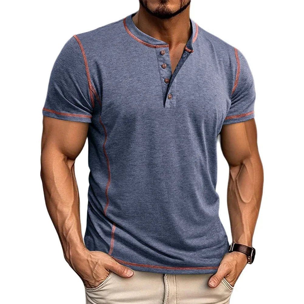 Stylish men's Henley shirt with a button placket, comfortable relaxed fit for casual fashion.
