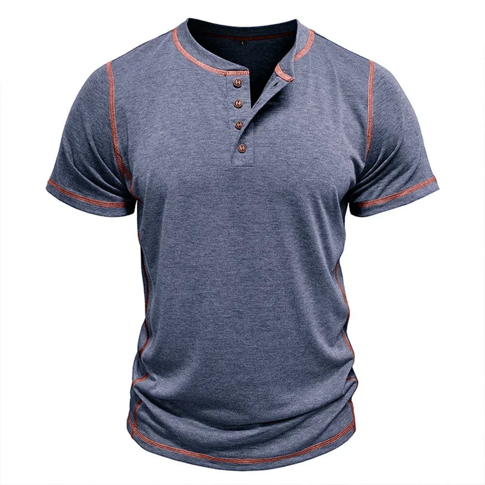 Men's summer Henley t-shirt, relaxed fit and short sleeve for breathable casual wear.