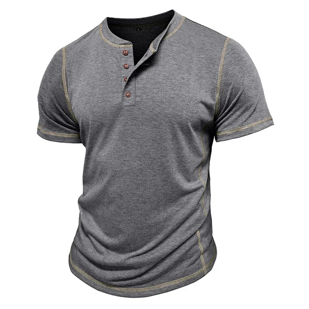 Relaxed fit men's casual Henley shirt, short sleeve design for versatile daily fashion.