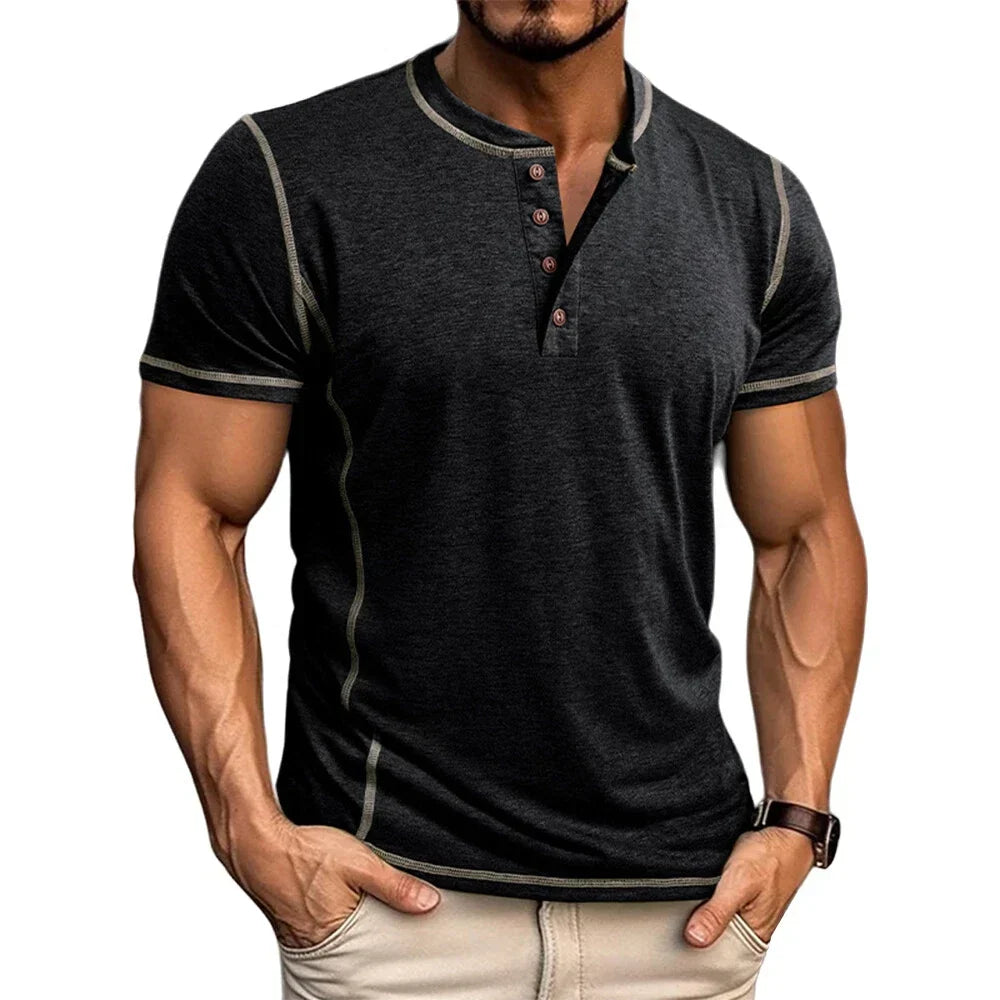 Men's short sleeve Henley with a relaxed fit, featuring a classic button placket detail.