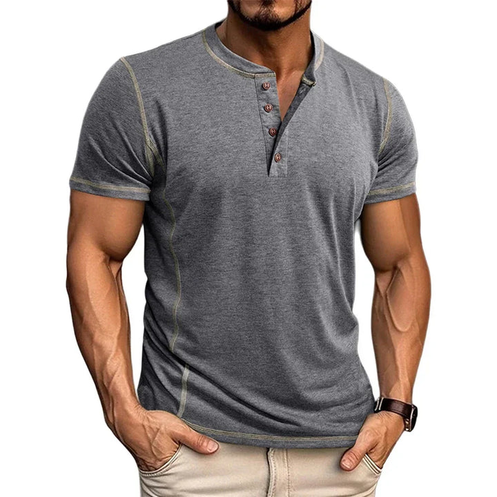 Men's summer relaxed fit Henley t-shirt, short sleeve and breathable for warm weather.