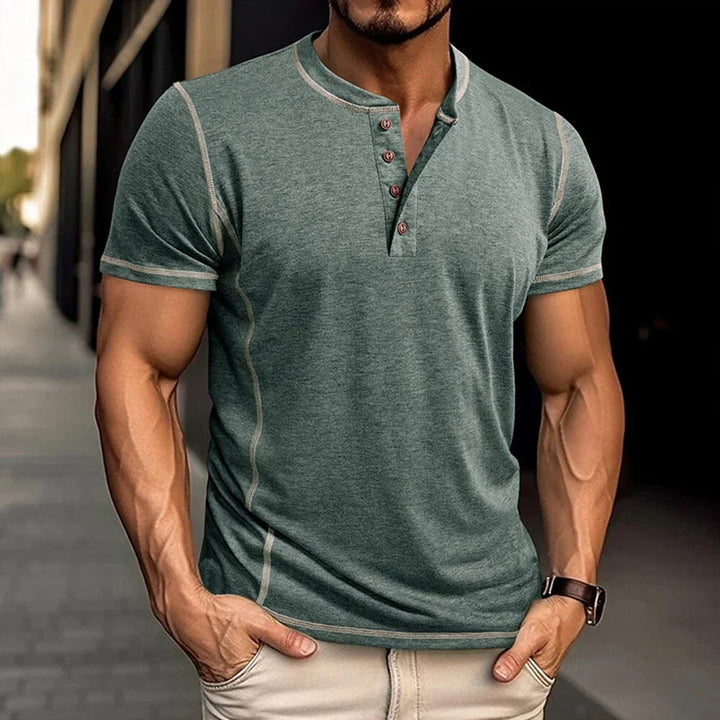 Men's casual short sleeve Henley shirt, relaxed fit design with a stylish button placket.