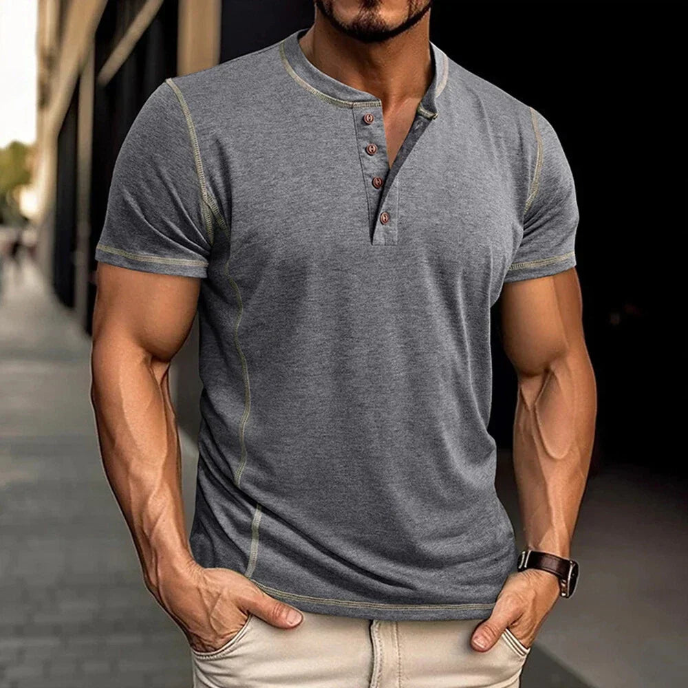 Everyday men's relaxed fit Henley tee, perfect for summer casual wear and modern fashion.