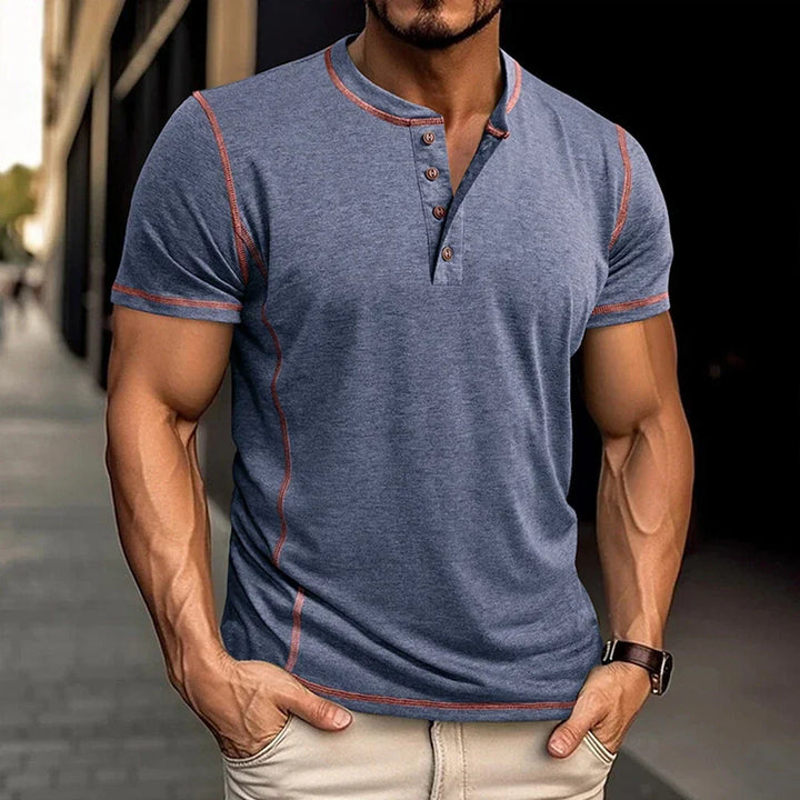 Men's fashion short sleeve Henley t-shirt, relaxed fit for a comfortable and stylish look.